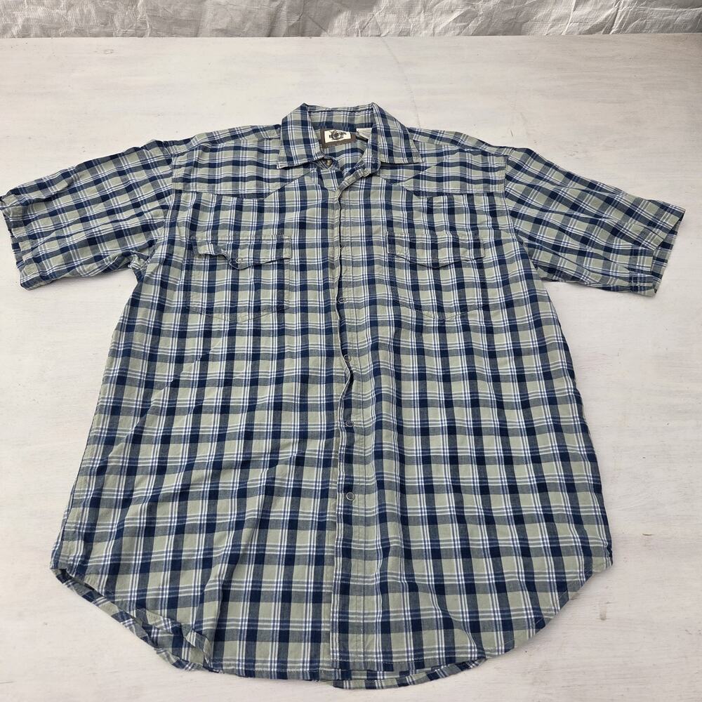 Western Plains Trading Co Mens Snap Shirt Blue Plaid Size L Short Sleeve Cowboy